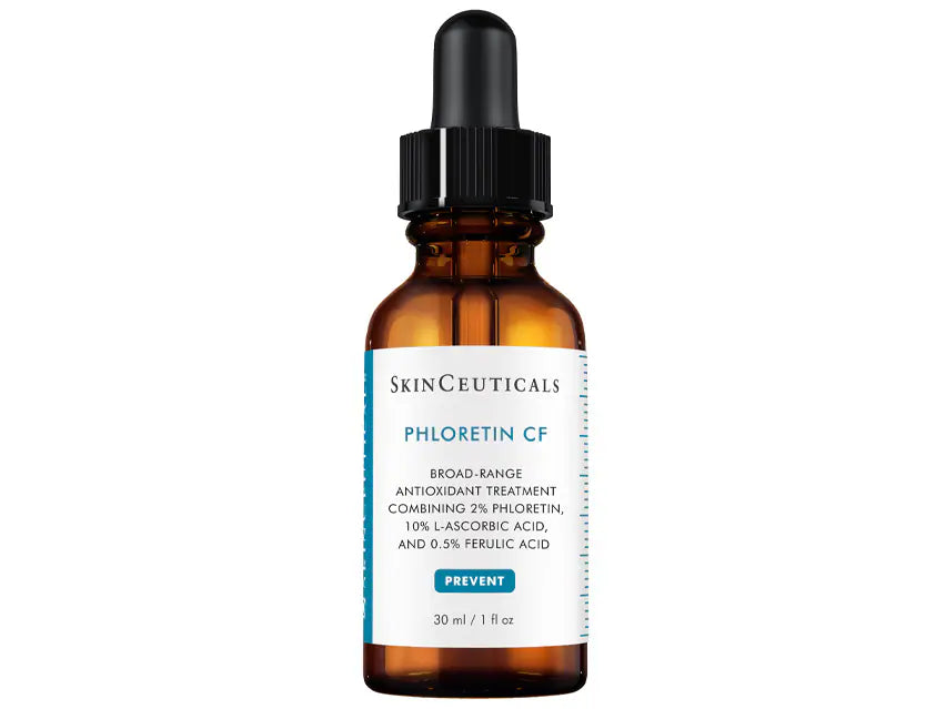 SkinCeuticals Phloretin CF in a 30ml amber glass dropper bottle with a white and blue label, on a solid white background. SkinCeuticals Double Defence PHL CF Kit | LSDC Pharmacy London