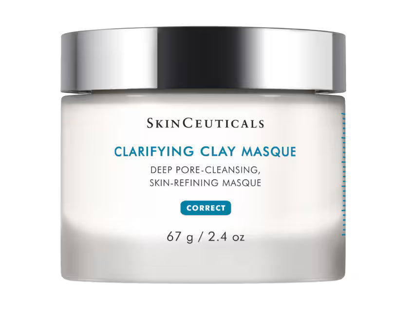 SkinCeuticals Clarifying Clay Masque in a white jar with a reflective silver lid, on a clean white background.