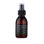 A 125ml bottle of Kiki Health Magnesium Oil/Spray in an amber glass bottle with a black spray cap and a black label featuring white and lime green text.
