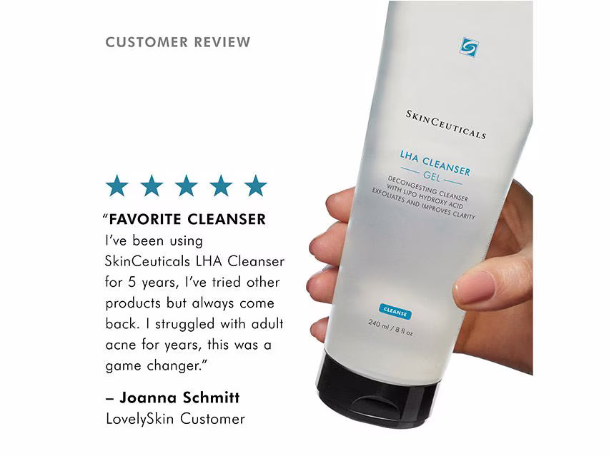 Hand holding a SkinCeuticals LHA Cleanser bottle with a customer review on a white background