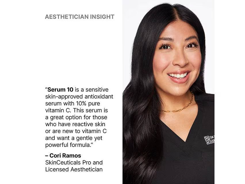 A promotional graphic with a portrait of a smiling woman on the right and a text quote on the left under the heading 'AESTHETICIAN INSIGHT.' The quote references 'Serum 10,' a sensitive skin-approved antioxidant serum with 10% pure vitamin C, and is attributed to Cori Ramos, SkinCeuticals Pro and Licensed Aesthetician.