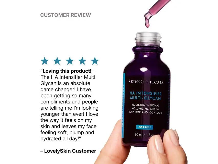 A hand holds a bottle of SKINCRUTICALS HA Intensifier Multi-Glycan serum, with a dropper above pouring liquid into the bottle. A customer review text and star graphic are shown on the left against a white background.
