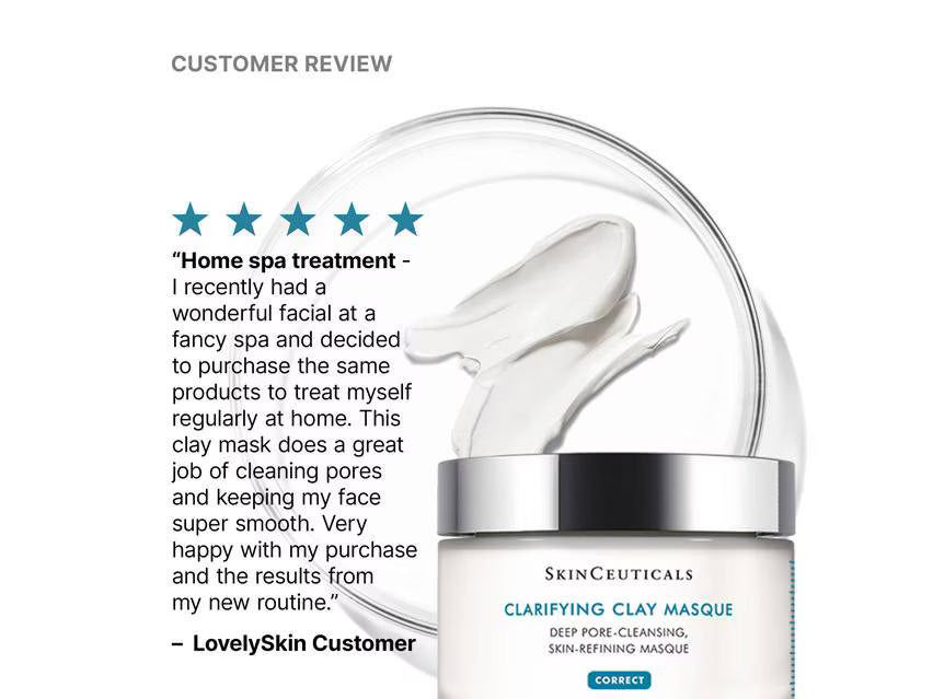 Customer review graphic for SkinCeuticals Clarifying Clay Masque, featuring a jar of the white clay mask with a clear lid, a large abstract white splash graphic, and a customer testimonial with five blue stars on a white background.