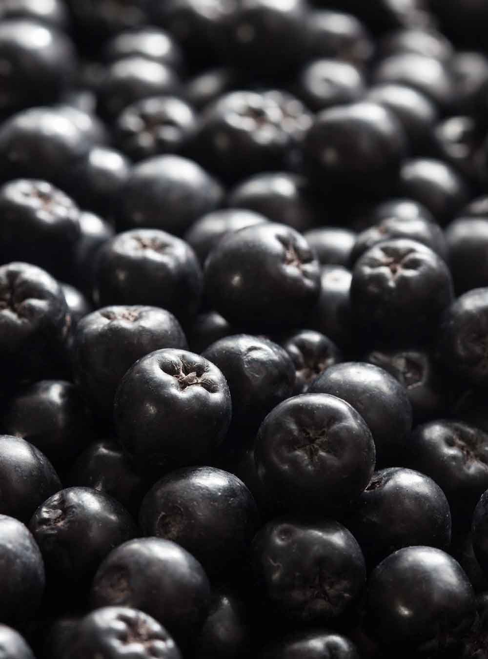 A close-up shot of a dense pile of dark, glossy berries, likely blackberries or blueberries, filling the entire frame.