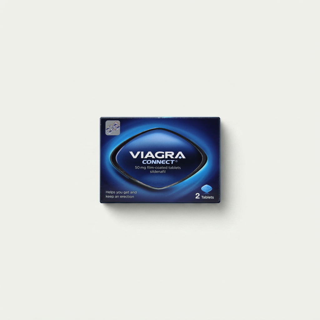 A box of Viagra Connect containing 2 tablets, shown on a light beige background with a soft drop shadow.