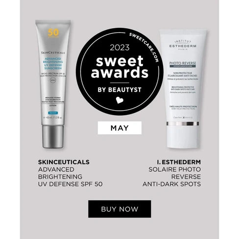 Promotional graphic for the 2023 Sweet Awards by Beautyst, featuring two skincare products: SkinCeuticals Advanced Brightening UV Defense SPF 50 and I. Esthederm Solarie Photo Reverse Anti-Dark Spots.