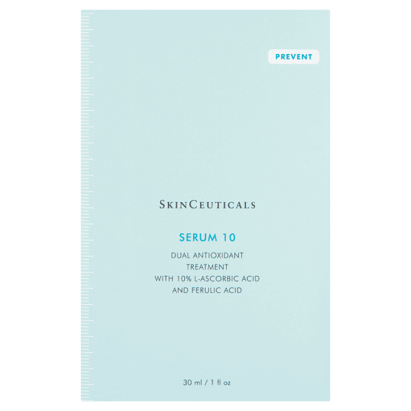 SkinCeuticals Serum 10 skincare packaging in a pale light blue box with black and blue text, featuring the brand name 'SkinCeuticals' and 'PREVENT' label.