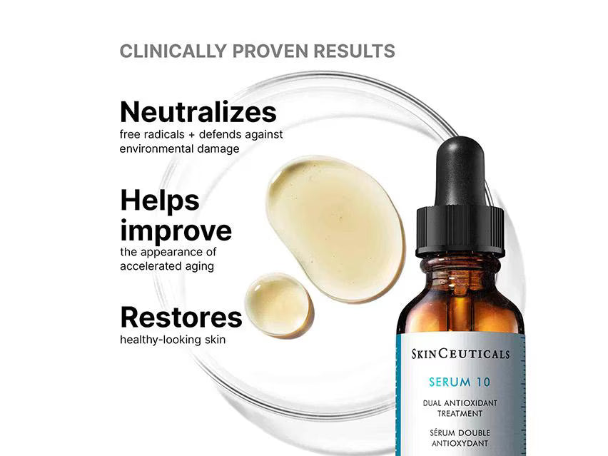 SkinCeuticals Serum 10 dual antioxidant treatment in an amber glass dropper bottle with a black cap and light blue label, shown beside a clear petri dish with two droplets of pale golden serum on a white background. Text reads 'Clinically Proven Results' and lists benefits: neutralizes free radicals, helps improve accelerated aging, restores healthy-looking skin.