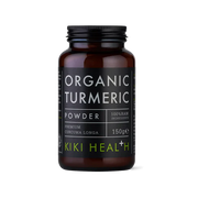 A dark amber glass bottle of Kiki Health Organic Turmeric Powder with a black label and black cap, set against a plain white background.