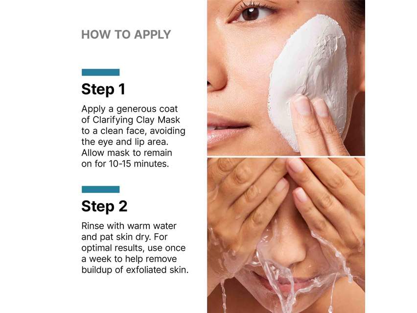 Instructional graphic for applying a clarifying clay mask, with text steps on the left and two photos of a person applying the mask to their face on the right.