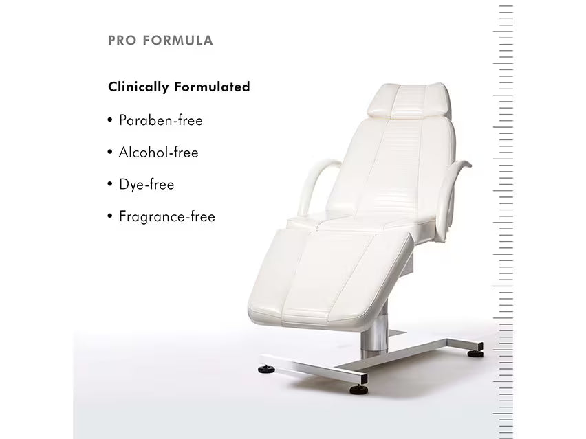 White adjustable reclining treatment chair with a chrome base, shown on a light gray studio background with marketing text reading 'PRO FORMULA' and feature bullet points, plus a vertical measurement scale on the right.