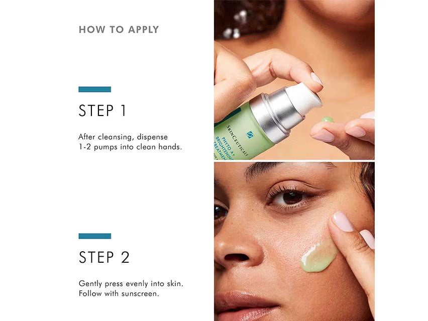 Instructional skincare graphic showing how to apply a green cosmetic cream from a pump bottle. The left side has text reading 'HOW TO APPLY', 'STEP 1', and 'STEP 2', while the right side shows close-up photos of a person dispensing the product and applying a dollop of the cream to their face.