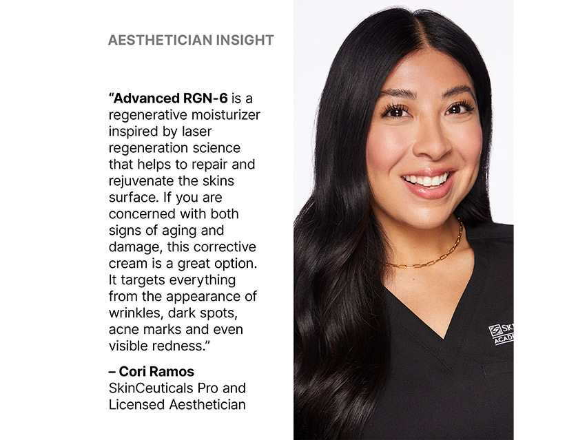 A promotional graphic featuring a smiling woman with long dark hair on the right and text on the left that reads 'AESTHETICIAN INSIGHT' and a quote attributed to Cori Ramos, SkinCeuticals Pro and Licensed Aesthetician.