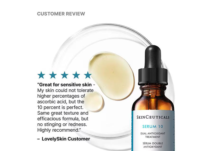 A bottle of SKINCEUTICALS Serum 10 shown next to a customer review graphic with a star rating and a droplet of serum on a clean white background.