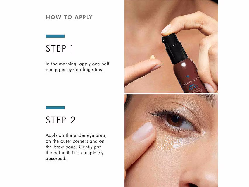 Instructional beauty guide showing how to apply a brow and eye gel, with text instructions on the left and close-up photos of a hand pressing the pump of a brown bottle and patting the gel onto the eye area on the right.